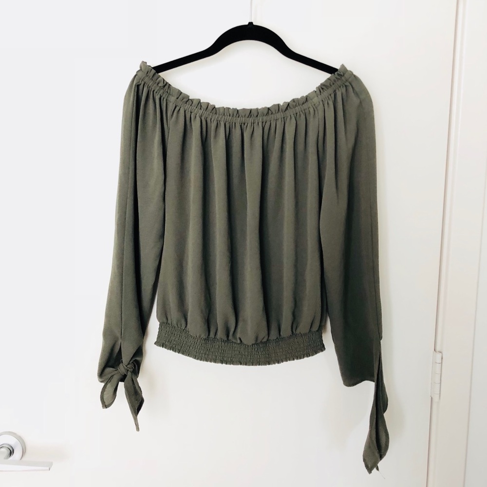 Bebe Olive Green Long Sleeve Off Shoulder Blouse